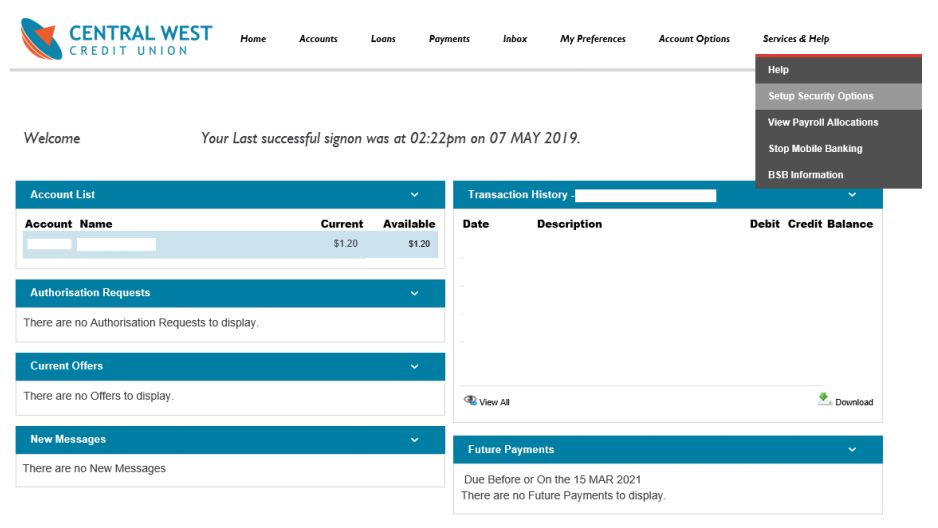 Screenshot showing the CWCU account dashboard